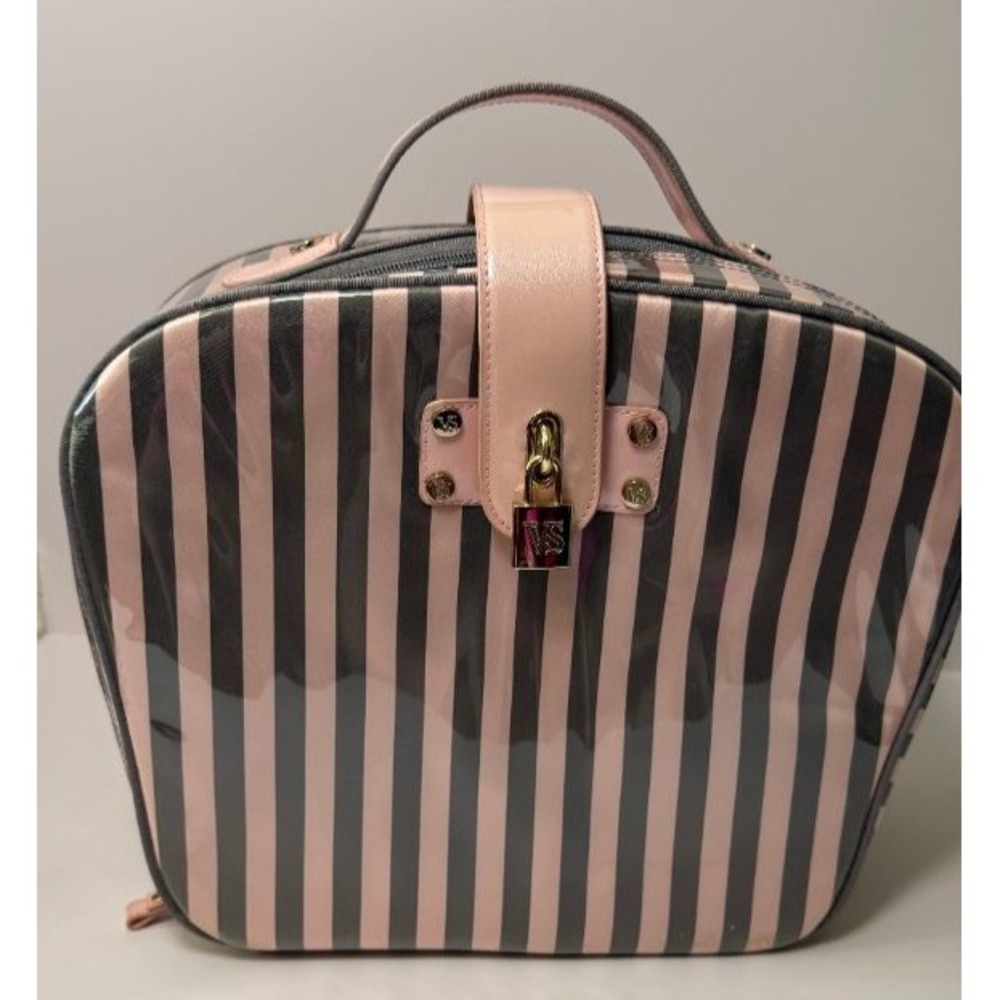 Victoria's Secret Pink Gray Striped Train Case Makeup Travel Bag Cosmetic Set